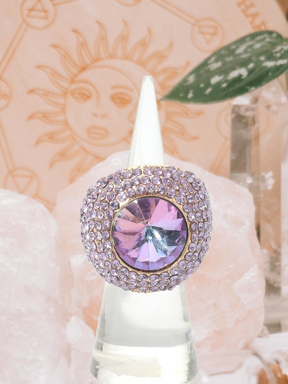 Bold Round Stone Amethyst Color Rhinestone Pave Statement Stretch Ring NEW